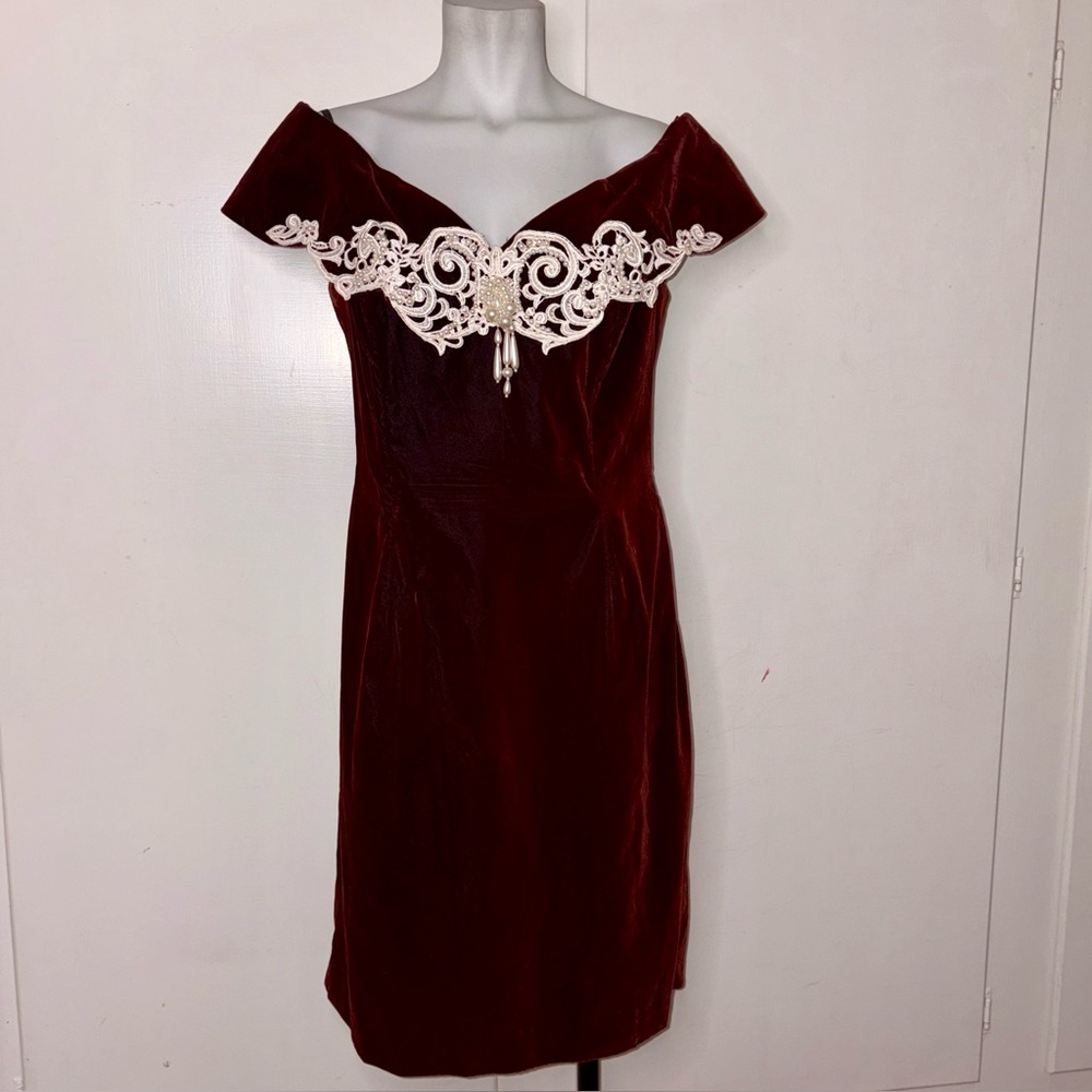 Vintage 90s Scott McClintock Rust Brown Red Off Shoulder Wiggle Dress